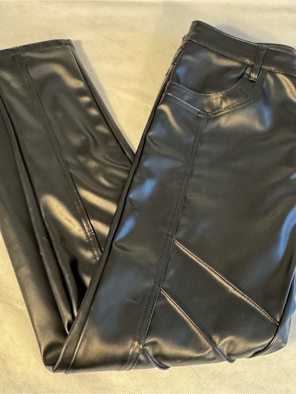 UNISEX Black Vegan Faux Leather Moto Pants Size 32 Skinny Biker Style - Picture 6 of 8